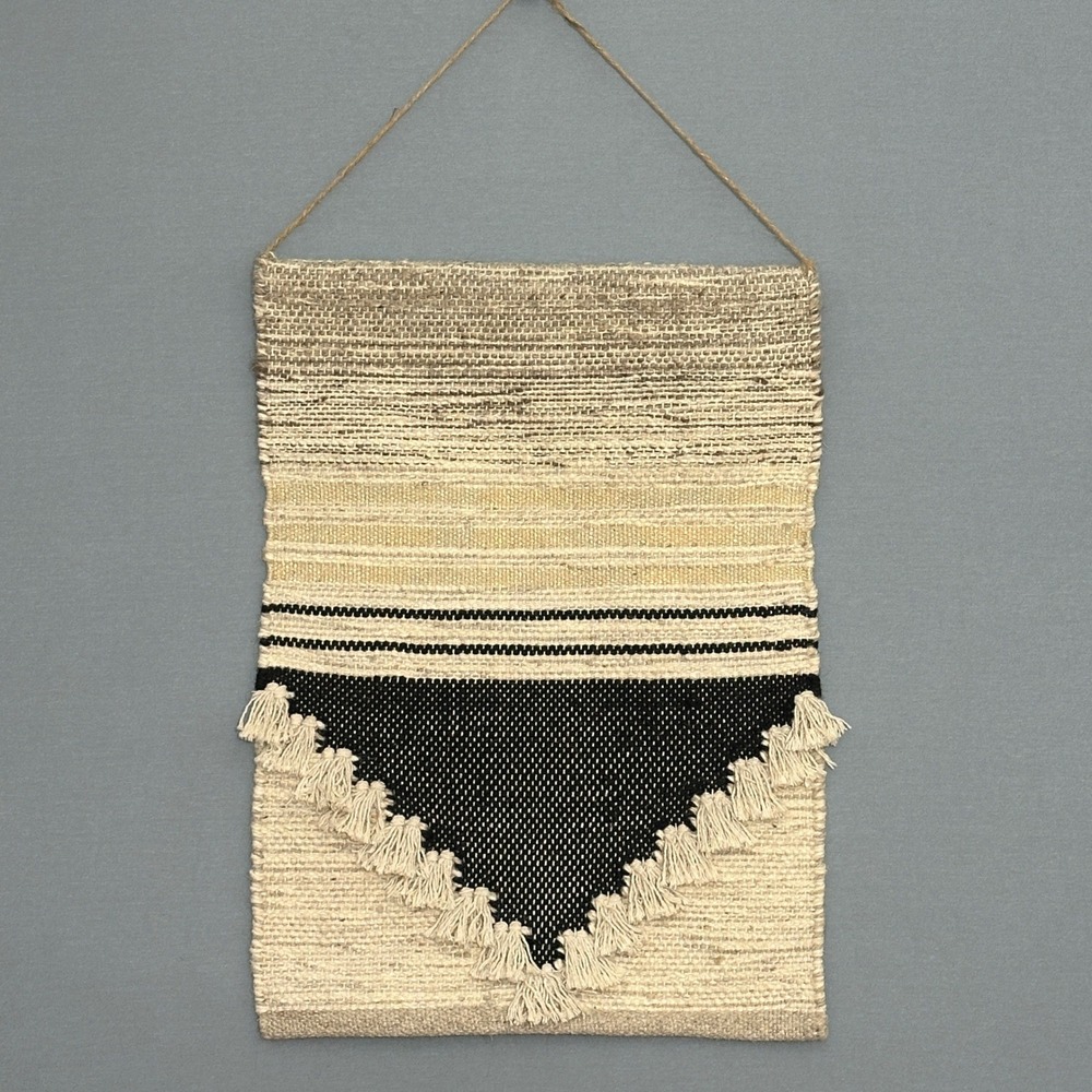 Threshold Woven Geometric Wall Hanging Tassel Trim Beige Black Boho Decor 18x25